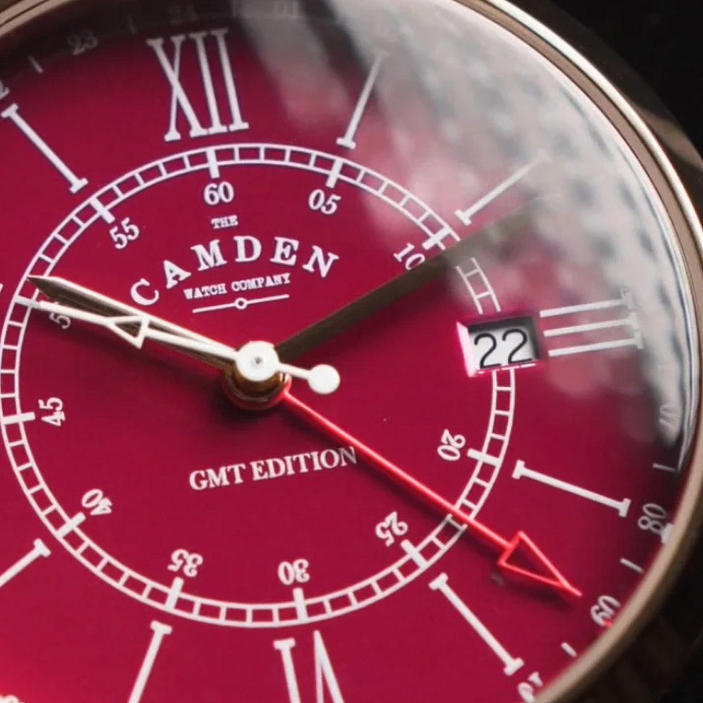 The Camden Watch Company GMT Watch Rose Gold and Oxblood with Tan Strap - 