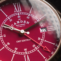 The Camden Watch Company GMT Watch Rose Gold and Oxblood with Tan Strap