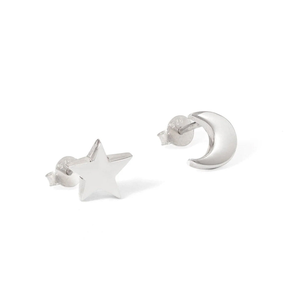 Moon and Star Stud Earrings Sterling Silver - 
