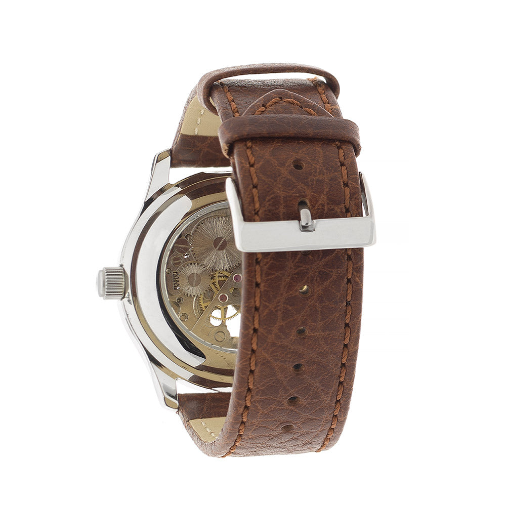 Royal Observatory Greenwich Chrome Circular Skeleton Watch with Brown Strap - 