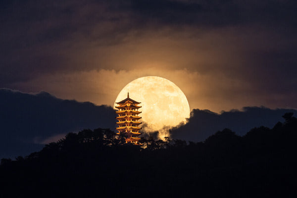Moon With Ancient Pagoda (Custom Print)