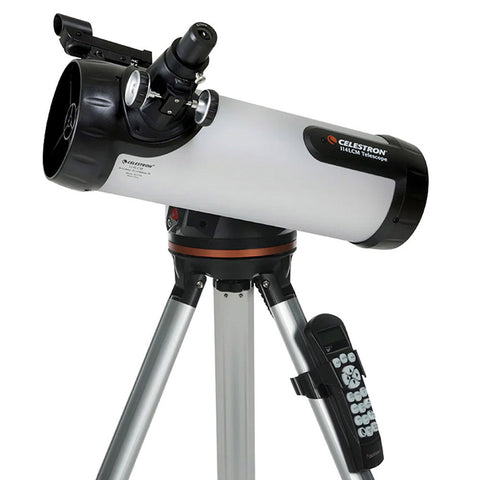 Grey and black telescope on a tripod.