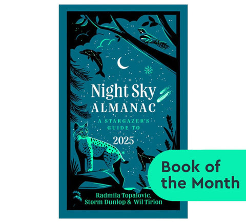 'Night Sky Almanac: A Stargazers Guide to 2025' book cover on white background.