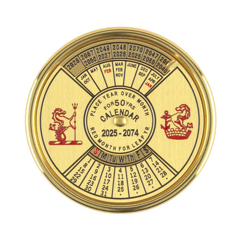 Circular gold calendar with astrological symbols on a white background