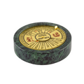 Round calendar with gold face and green marble base on a white background