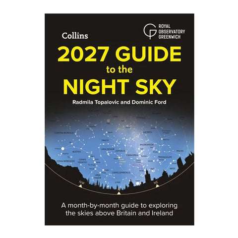 Front cover of the book '2027 Guide to the Night Sky' by Collins, featuring a black background, large yellow title text, and a blue night-sky constellation illustration with silhouetted mountain shapes along the bottom. Visible brands include Royal Observatory Greenwich and Collins.