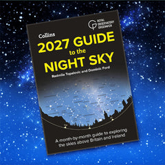 Collins 2027 Guide to the Night Sky book cover by Royal Observatory Greenwich, displayed at an angle against a starry night sky background.
