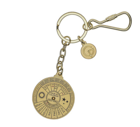 Round brass keying featuring a rotating calendar.