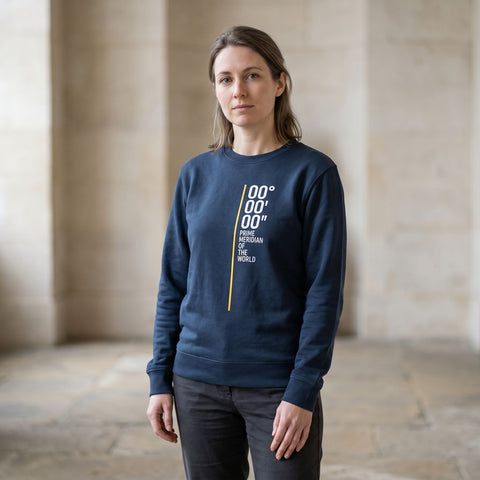 Woman wearing a Prime Meridian of the World Printed Sweatshirt