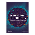 Book cover for 'A History of the Sky in 300 Infographics' by Pierre Lema and Christian Gratoulou, published by Thames & Hudson. The cover features a dark purple night sky with a large celestial globe, constellations, and glowing light rays, with the title in bold white text.