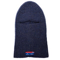 Navy cable-knit balaclava with label.