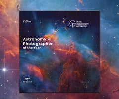 A square book cover for 'Astronomy Photographer of the Year 2023' by Collins, published by the Royal Observatory Greenwich. The cover features a stunning deep-space nebula image 