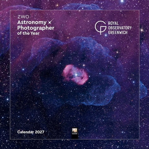 A square astronomy-themed calendar cover featuring a deep-space nebula in purple, blue, and pink tones against a starry sky. Visible text includes 'ZWO Astronomy Photographer of the Year', 'Royal Observatory Greenwich', and 'Calendar 2027'.