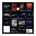 Calendar with space-themed images and text on a black background