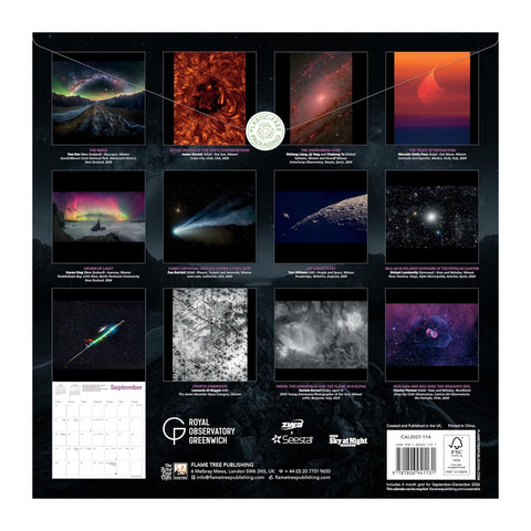 Calendar with space-themed images and text on a black background