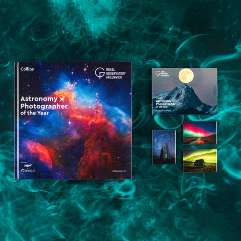Collins Astronomy x Photographer of the Year Collection 15 book cover displayed alongside a booklet and three sample photo prints on a teal smoky background.