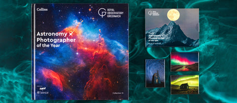 Collins Royal Observatory Greenwich Astronomy Photographer of the Year 2023 book cover displayed alongside a smaller booklet and three sample photo prints on a swirling teal abstract background.