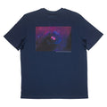 Navy blue t-shirt with a colorful nebula design on the back 