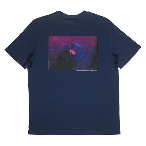 Navy blue t-shirt with a colorful nebula design on the back 