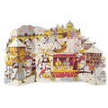 A colorful vintage-style illustrated scene Advent Calendar showing a bustling city street with market stalls, pedestrians, a horse-drawn carriage, fireworks, and buildings, presented as a single decorative object 