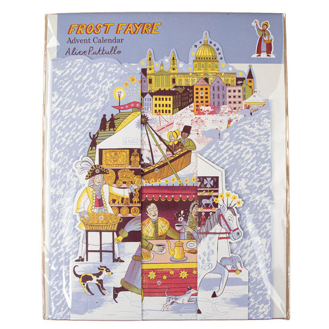 Frost Fayre Advent Calendar by Alice Padullo, featuring a whimsical winter city illustration in a vintage style with colorful characters and snowy ground.