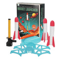 Air-powered rocket launcher set with rockets and launch stand in front of its packaging.