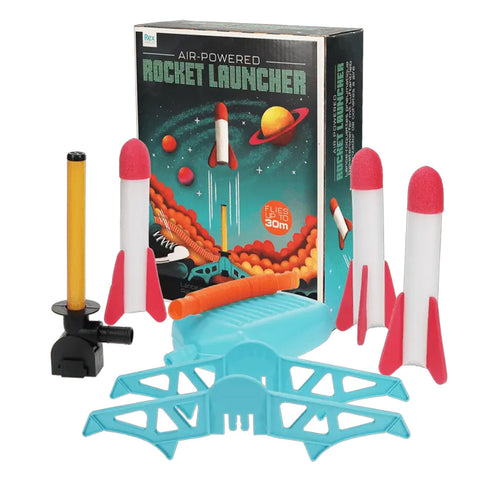 Air-powered rocket launcher set with rockets and launch stand in front of its packaging.