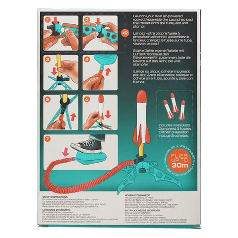 Instructions for a toy rocket launcher with illustrations and text on a green background
