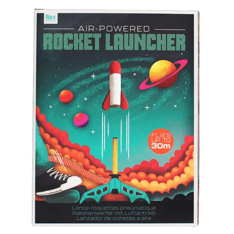 Box for an air-powered rocket launcher with space-themed design