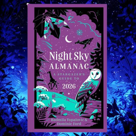 Book cover of 'Night Sky Almanac: A Stargazer's Guide to 2026' with celestial illustrations on a dark background.