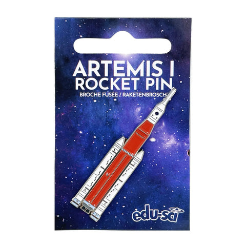 Artemis rocket pin on a blue space-themed packaging