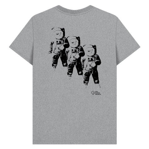 Grey t-shirt with black astronauts graphic and Royal Museums Greenwich logo