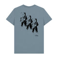 Blue t-shirt with black graphic of three astronauts on the back