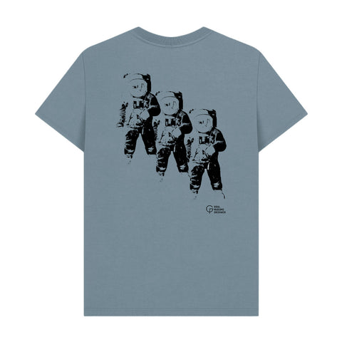 Blue t-shirt with black graphic of three astronauts on the back