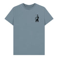 Blue t-shirt with a black graphic of an astronaut on the chest