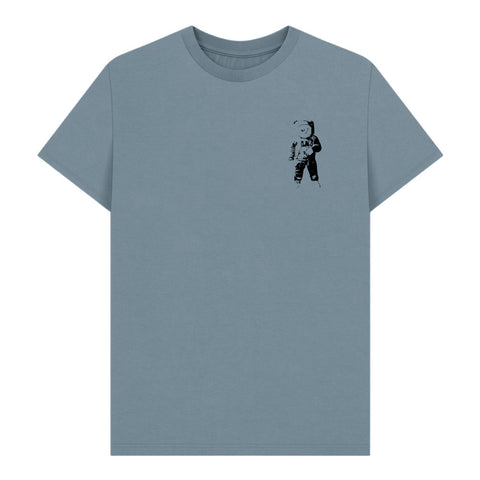 Blue t-shirt with a black graphic of an astronaut on the chest