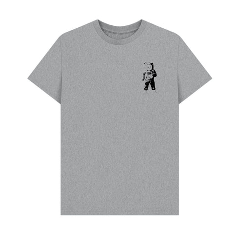 Grey t-shirt with a small black astronaut graphic on chest
