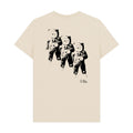 Beige t-shirt with black print of three astronauts astronauts graphic on the back