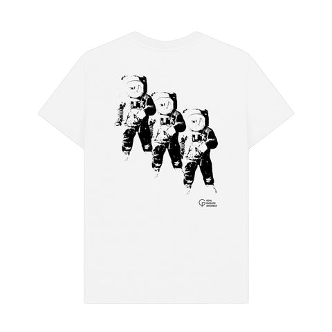 White t-shirt with astronauts graphic and Royal Museums Greenwich logo