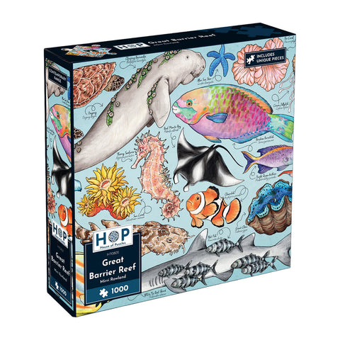 Jigsaw puzzle box featuring illustrations of marine life on the Great Barrier Reef.