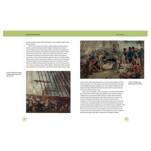 A printed page from a book showing two historical black-and-white photographs of a ship's crew and several paragraphs of text, with a green header band at the top.