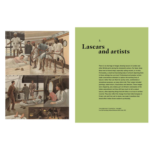 A book spread shown on a white background, with a vintage illustrated page on the left and a green interior spread headed '2. Lascars and artists' on the right.