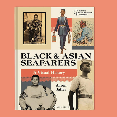 The book cover of 'Black & Asian Seafarers: A Visual History' by Aaron Jaffer, published by Adlard Coles, featuring a collage of historical photographs and illustrations on a cream and white background with coral-red accents, set against a solid coral-pink backdrop.