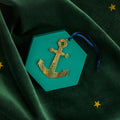 Brass gold anchor decoration with navy hanging ribbon