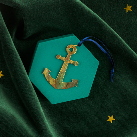 Brass gold anchor decoration with navy hanging ribbon