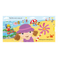 Illustration of a child at the beach with a sandcastle, umbrella, and sunflower, featuring text about feeling the warm air.