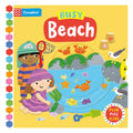 Children's book titled 'Busy Beach' with colorful illustrations on a yellow background.