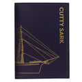 navy recycled leather cardholder with gold foil-stamped outline image of the iconic Cutty Sark tea clipper, which wraps around the wallet.