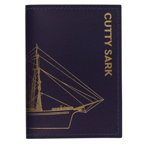 navy recycled leather cardholder with gold foil-stamped outline image of the iconic Cutty Sark tea clipper, which wraps around the wallet.