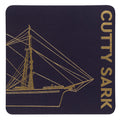 Navy recycled leather foil-stamped coaster with gold outline image of the bow and rigging of the iconic Cutty Sark tea clipper.